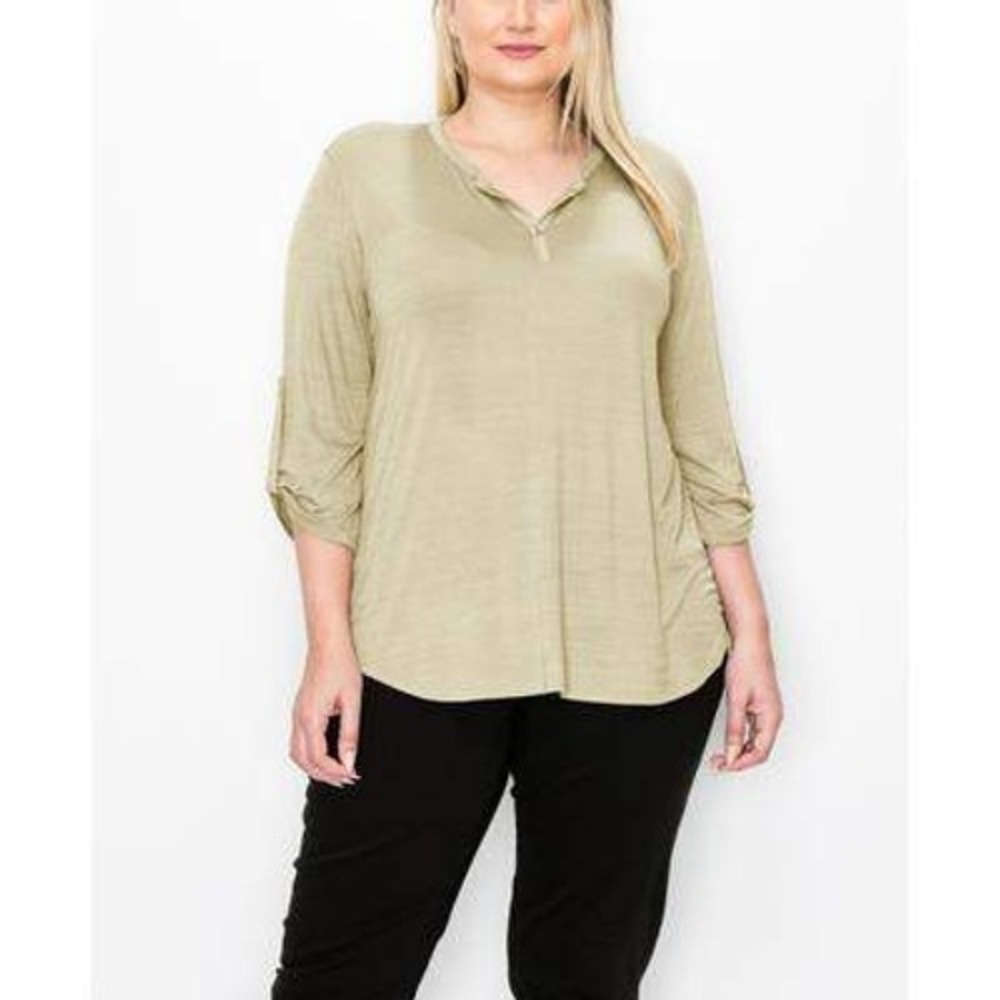 COIN 1804 Top Womens Plus 1X Beige Solid Flowy Roll Tab Gauze Casual Blouse NWT